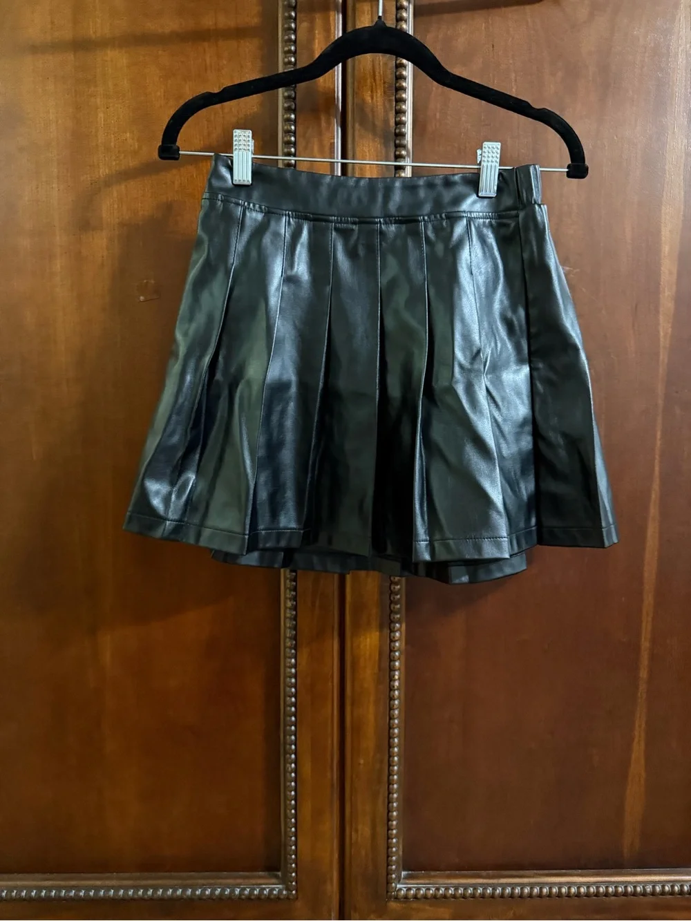 Justice Black Faux Leather Pleated Skater Skirt